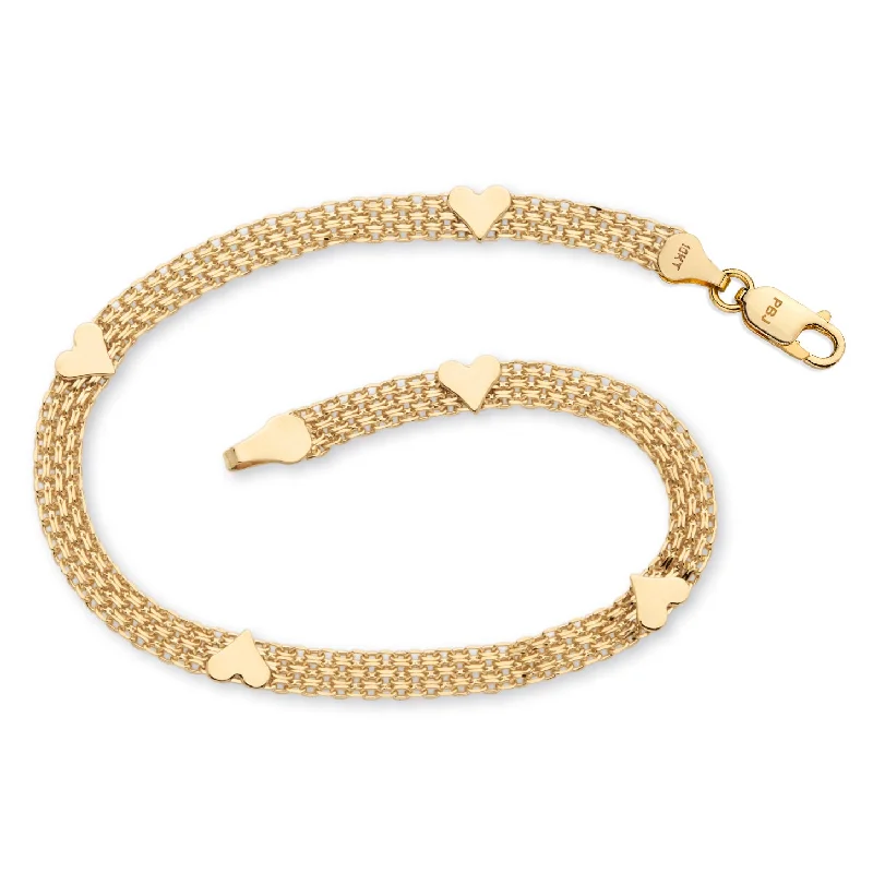 Mixed alloy bracelets-Solid 10k Yellow Gold Bismark-Link Heart Bracelet 7.25"