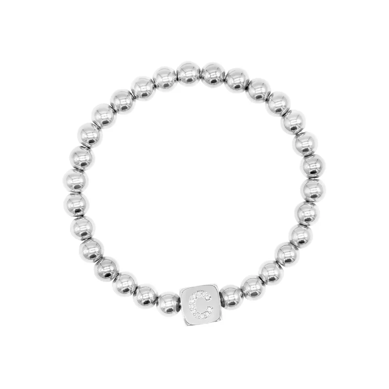 Soft bead bangles-Silver Plated Initial Cube Stretch Bracelet