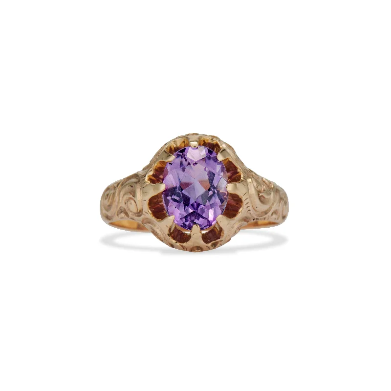 Fine filigree rings-Carved Midcentury Amethyst Solitaire