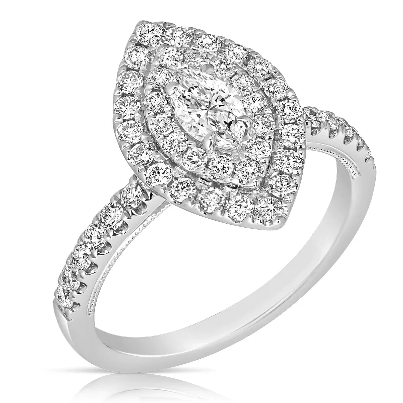 Straw style rings-1 Ctw Double Halo Marquise Cut Diamond Engagement Ring in White Gold