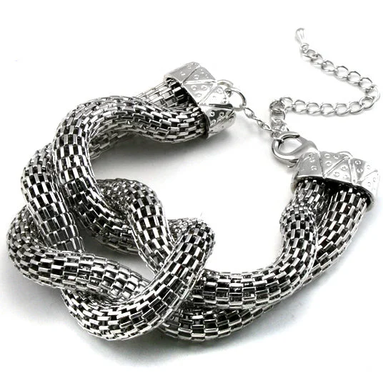 Thick stone bangles-Shiny Knotted Mesh Chainmail Silver Tone Adjustable 7.5" to 8" Bracelet