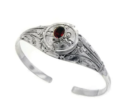 Cosmic theme bracelets-Medieval Sterling Silver Genuine Garnet Locket Box Poison Cuff Bracelet