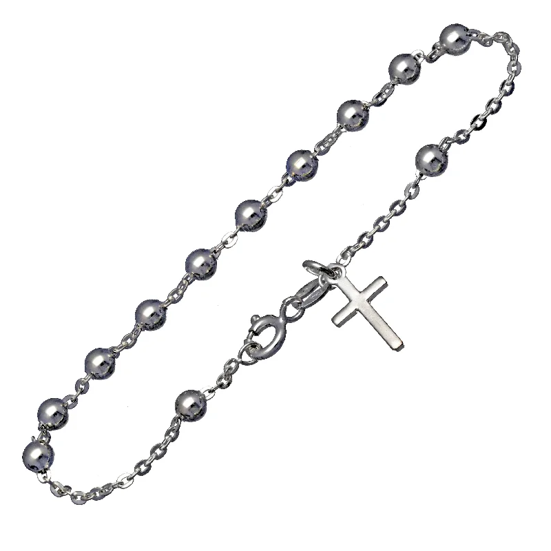 Light wood bracelets-Catholic Italian Sterling Silver Rosary Beads Cross Bracelet 7.5"