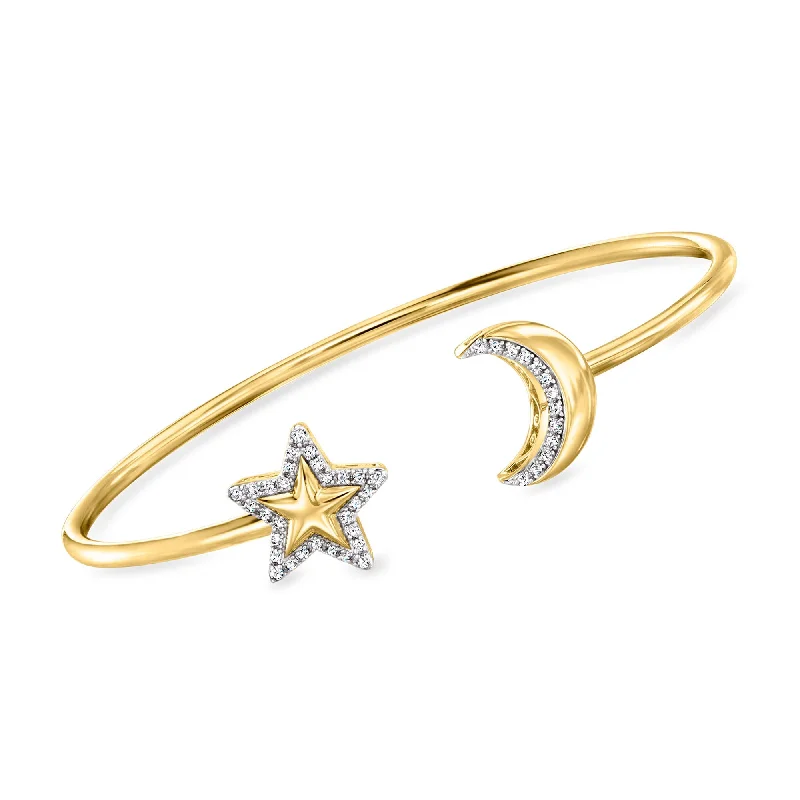 Yarn tassel bangles-Ross-Simons Diamond Star and Moon Cuff Bracelet in 18kt Gold Over Sterling