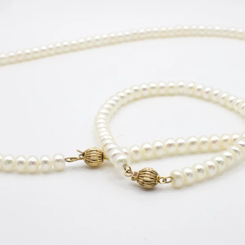 Swan motif bangles-Vintage 14K Yellow Gold Honora Button Pearl Necklace and Bracelet Set