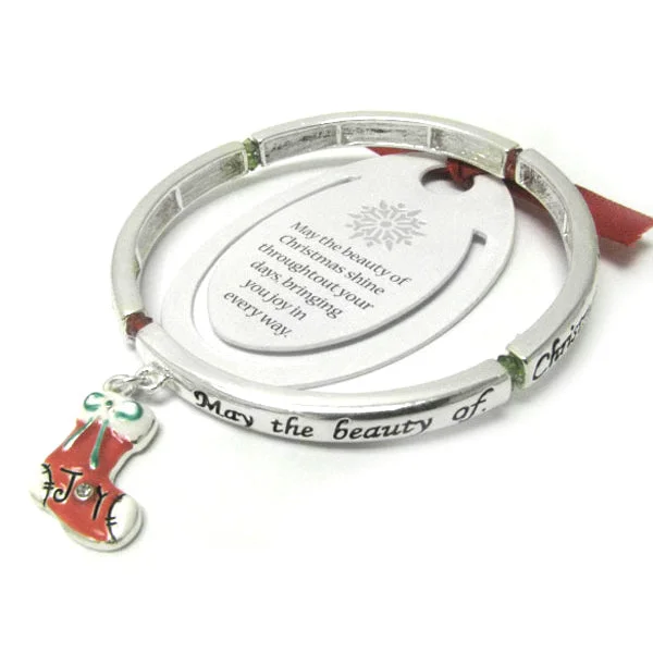 Swan feather bracelets-Joy of Christmas - Stocking Charm Silver Tone Stretch Bangle Bracelet