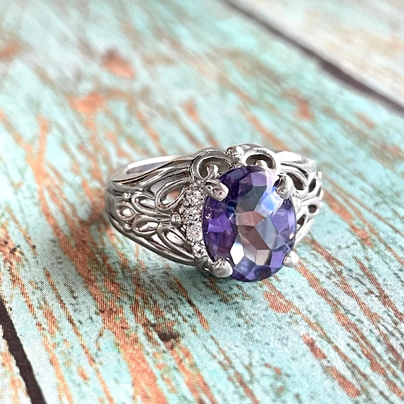 Hand-forged rings-14K White Gold Violet Mystic Topaz & Diamond Butterfly Ring