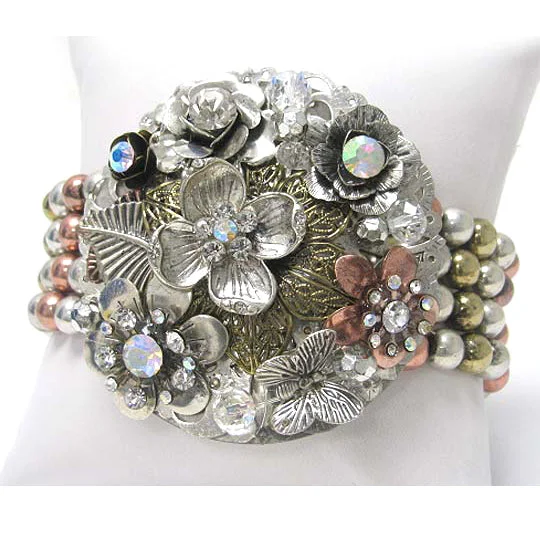 Multi-chain bracelets-Crystal Flower Corsage with Silver, Gold and Copper Tone Beaded Stretch Bracelet