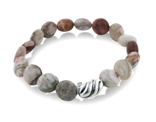 Smooth modern bracelets-Genuine Crazy Lace Agate and Sterling Silver Stretch Bracelet