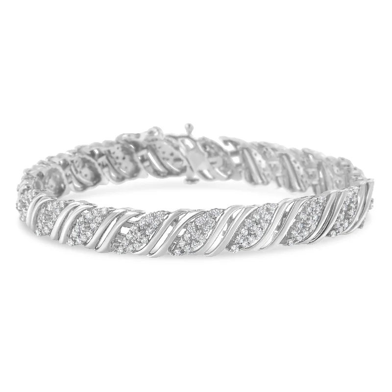 Rich cuff bangles-.925 Sterling Silver 2.0 cttw Diamond Double Wrap S Curve Link Bracelet -7.25"