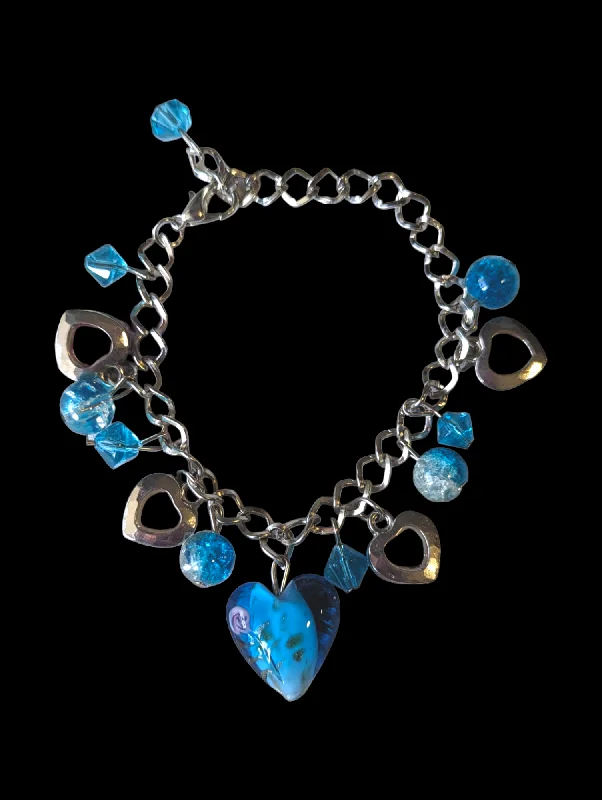 Rococo style bangles-Vintage Blue Heart Crystal Dangle Charm Bracelet by Art Glass Sky 30