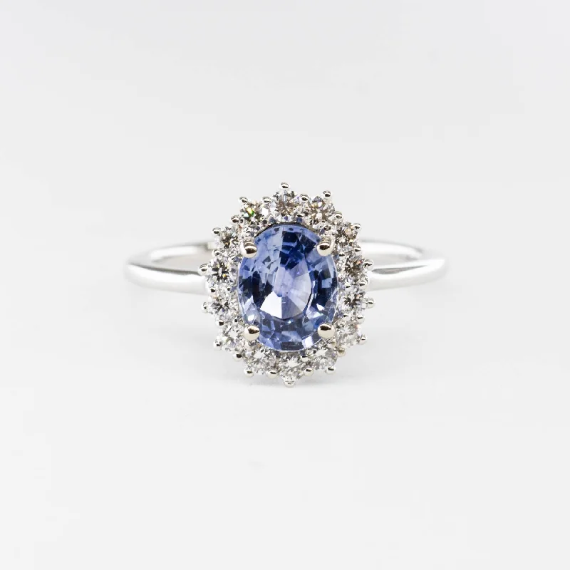 Beryl gem rings-100 Ways' Oval Sapphire and Halo Diamond Ring | 1.62ct, 0.38ctw | SZ 6.75 |