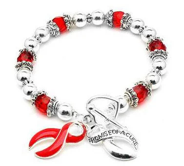 Overhand knot bangles-AIDS Awareness Ribbon Red Stretch Heart Toggle Bracelet