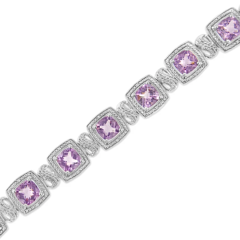 Tourmaline stone bangles-.925 Sterling Silver 7x7 mm Cushion Cut Purple Amethyst and 1/10 cttw Round Cut Diamond Square Shape Tennis Bracelet