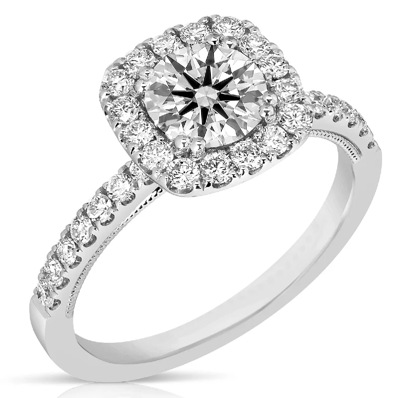 Overhand knot rings-1 1/2 Ctw Round Diamond Cushion Halo Engagement Ring in White Gold