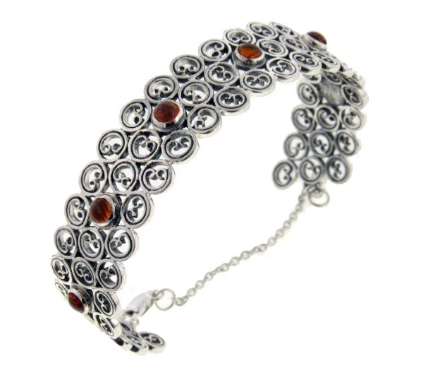 Fine wire bangles-Swirled Sterling Silver Cuff Bangle 7" Bracelet with Amber