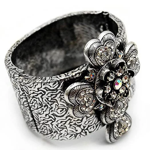 Stone-woven bangles-AB Crystal Heart Cross Silver-Tone Hinged Bangle Bracelet