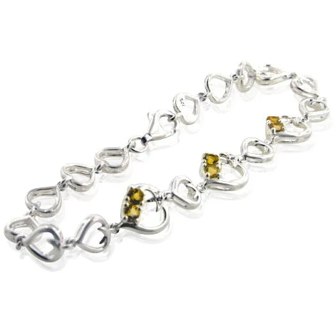 Gibbous moon bangles-Genuine Citrine and Linked Hearts Sterling Silver Bracelet 7"