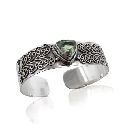 Smooth form bracelets-12mm Trillion Genuine Prasiolite Green Amethyst Sterling Silver Cuff Bracelet