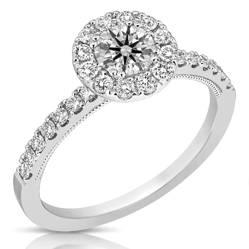 Light wood rings-1 Ctw Round Diamond Halo Engagement Ring in White Gold