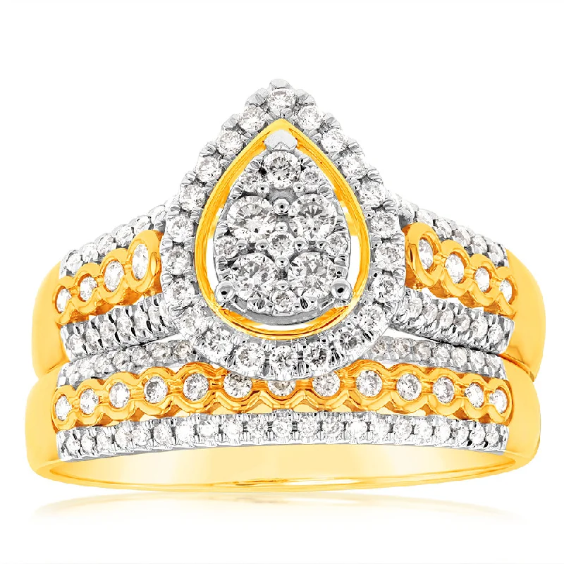 Aged cameo rings-9ct Yellow Gold 3/4 Carat 2 Ring Bridal Set with 124 Brilliant Cut Diamonds