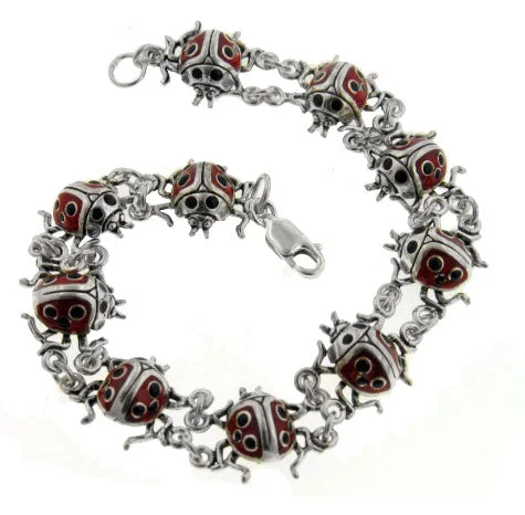 Lustrous druzy bangles-Sterling Silver Detailed Red Enameled Ladybug Bracelet