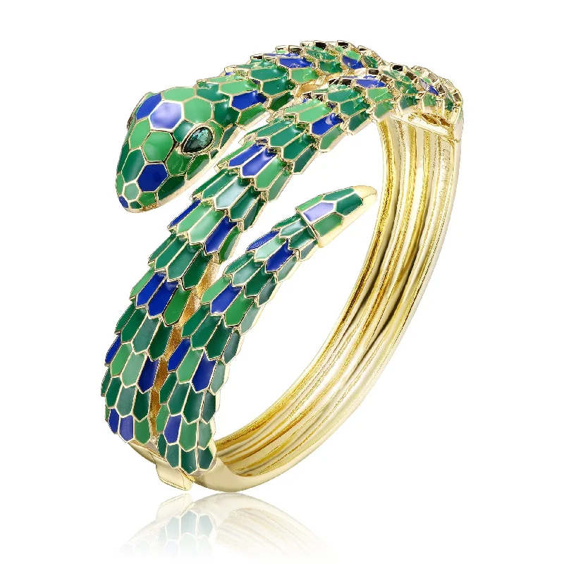 Aquamarine bead bracelets-RG 14k Yellow Gold Plated with Emerald Cubic Zirconia Green & Blue Enamel 3D Serpent Coiled Bypass Wrapped Bangle Bracelet