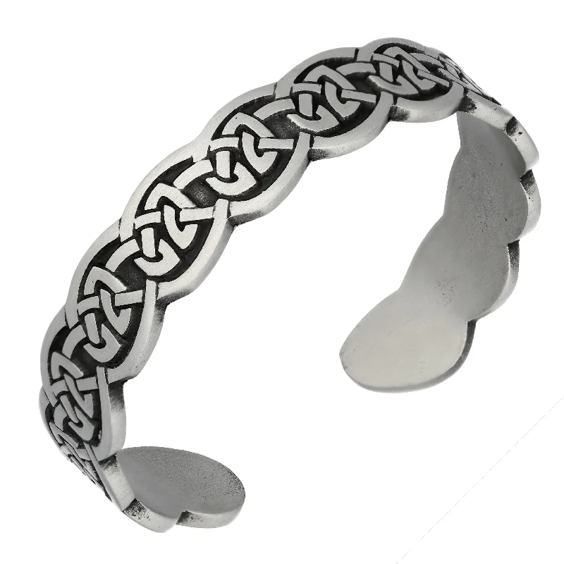 Soft bead bangles-Narrow Engraved Cuff of Celtic Knots Pewter Adjustable 7" Bracelet