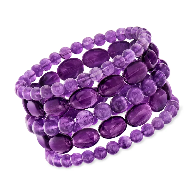 Smooth form bracelets-Ross-Simons Amethyst Bead Jewelry Set: 5 Stretch Bracelets. 7 inches