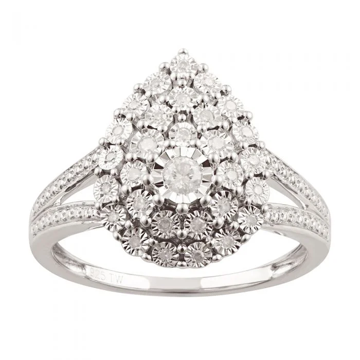 Root carved rings-0.20 Carat Diamond Cluster Ring with 30 Brilliant Cut Diamonds in Sterling Silver