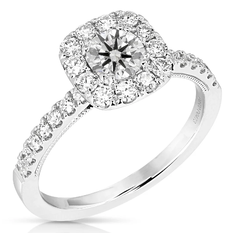 Smooth modern rings-1 Ctw Round Diamond Cushion Halo Engagement Ring in White Gold