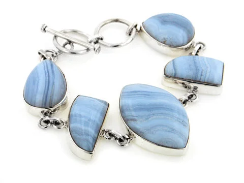 Clear quartz bangles-Heavy Sterling Silver Genuine Blue Lace Agate Gemstone 7" Toggle Bracelet