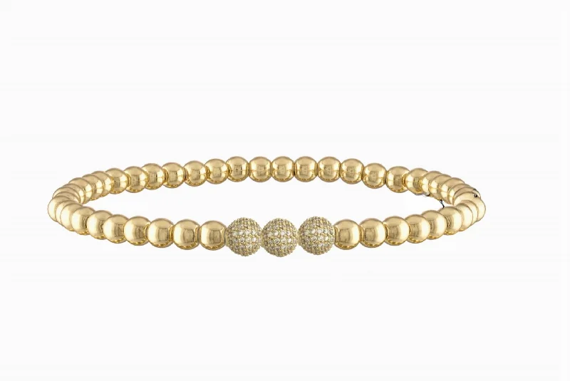 Pine grain bangles-6Mm Triple Pave Ball Stretch Bracelet In Gold