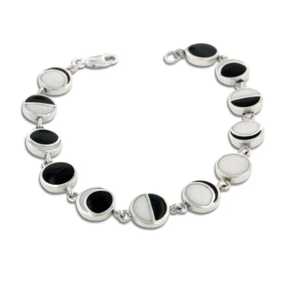 Aged cameo bracelets-Lunar Phases of the Moon Enameled Inlay Sterling Silver Link Bracelet