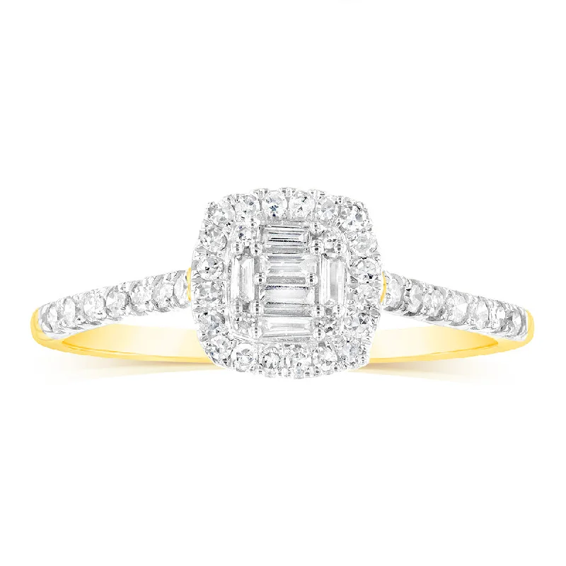 Light wood rings-9ct Yellow Gold 1/4 Carat Diamond Halo Dress Ring