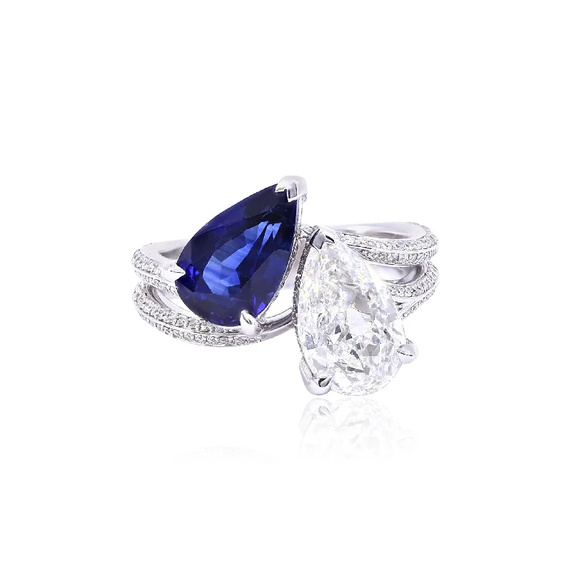 Twist loop rings-14K WHITE GOLD PEAR-SHAPE SAPPHIRE AND DIAMOND TOI ET MOI RING