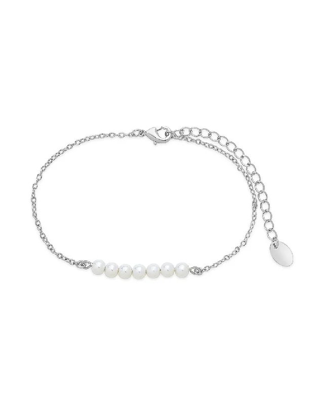 Oval link bracelets-Silver Tone Delicate Pearl Bracelet