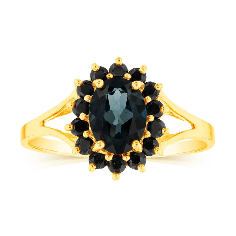 Tapered shank rings-Natural London Round Blue Topaz & Black Oval Sapphire Ring in 9ct Yellow Gold