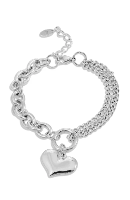 Rich cuff bangles-RHODIUM PLATED HALF & HALF HEART CHARM BRACELET