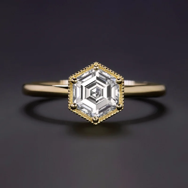 Stone-woven rings-1.05ct LAB CREATED DIAMOND ENGAGEMENT RING HEXAGON CUT 14k YELLOW GOLD SOLITAIRE