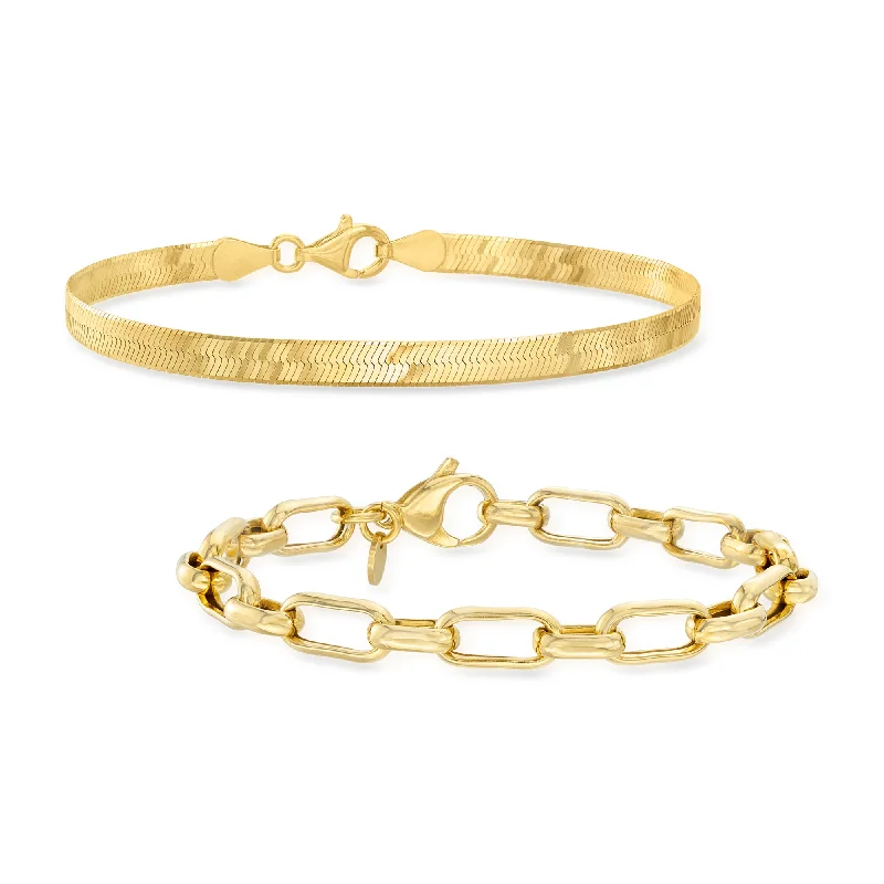 Stream pattern bracelets-Ross-Simons 18kt Gold Over Sterling Jewelry Set: Herringbone and Paper Clip Link Bracelets