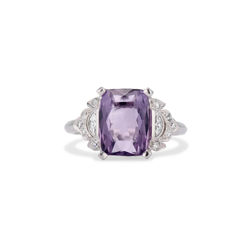 Soft open rings-Retro Platinum, Iridium, and Diamond Amethyst Ring