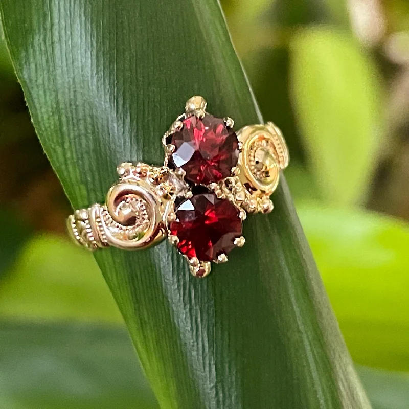 Tri-alloy rings-Estate Victorian-Inspired 10K Yellow Gold Garnet Scroll Ring