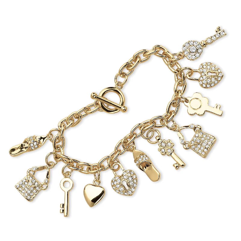 Light wood bracelets-Crystal Yellow Gold-Plated Shoe, Purse, Heart Lock and Key Charm Bracelet