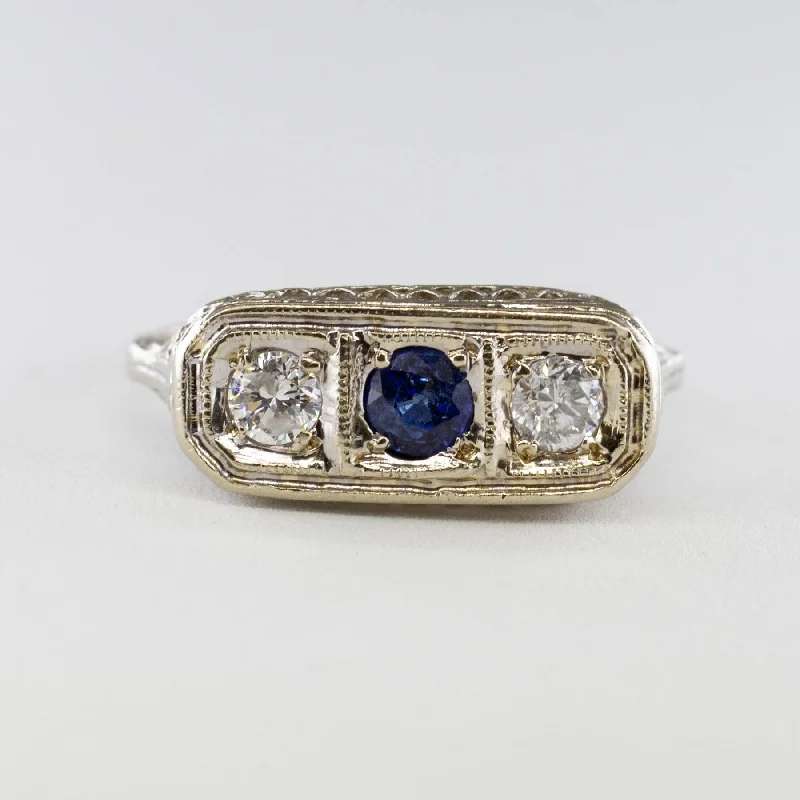 Swan design rings-Vintage Art Deco Style Three Stone Sapphire and Diamond Ring | 0.30 ct, 0.32 ctw | SZ 7