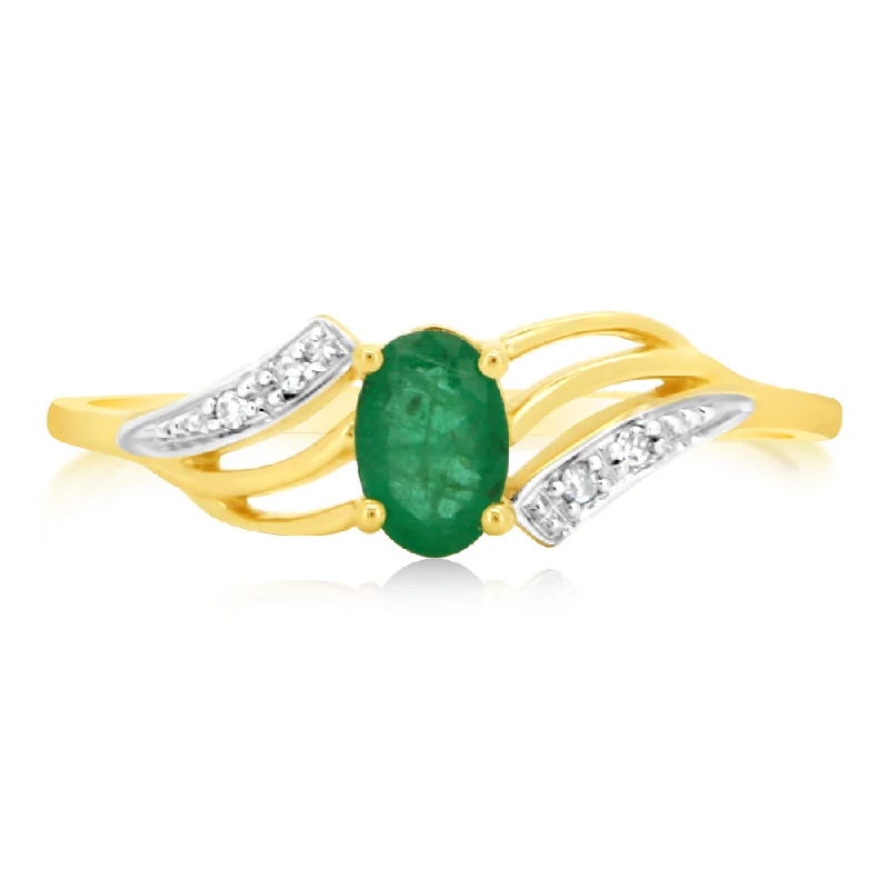 Stone-woven rings-9ct Yellow Gold 0.55 Carat Natural Emerald & Diamonds Ring