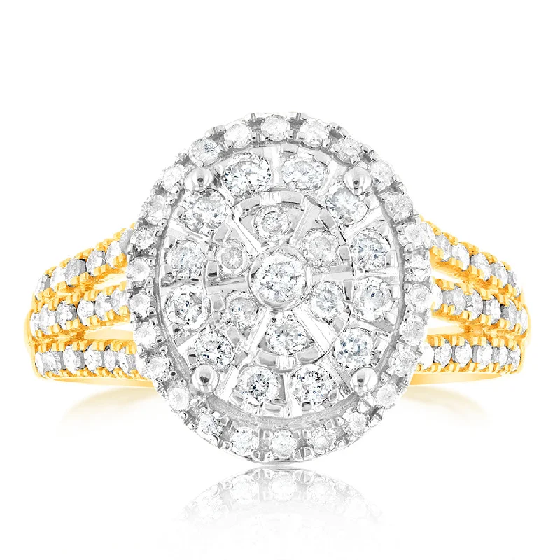 Tapered shank rings-9ct Yellow Gold & Sterling Silver Oval Shaped Ring in 1 Carat Natural Diamonds