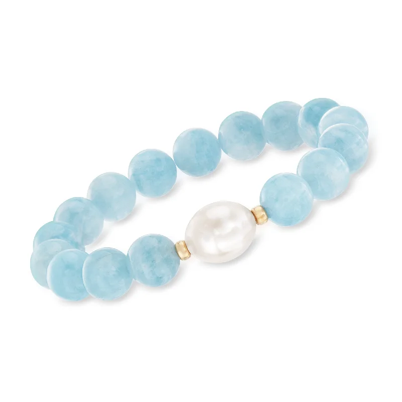 Bali tile bracelets-Ross-Simons 12-13mm Cultured Baroque Pearl and Milky Aquamarine Stretch Bracelet With 14kt Yellow Gold