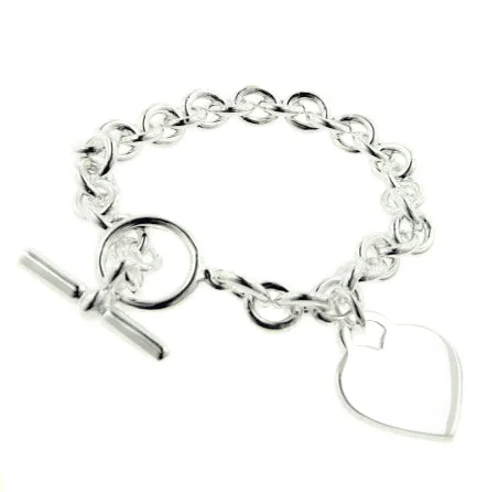 Hex gem bracelets-Heavy Sterling Silver Rolo Heart Charm Toggle Bracelet - 7.5"