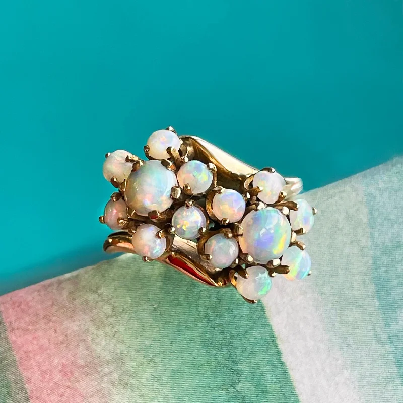 South Sea pearl rings-Estate 14K Yellow Gold Bypass Opal Flower Ring